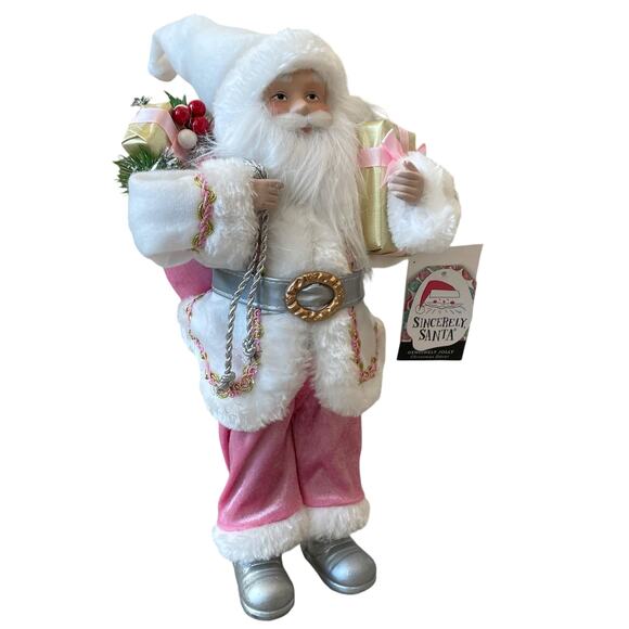 Christmas Pink White SINCERELY SANTA Claus Doll Figurine Tabletop Decor 13" NEW - Picture 1 of 16